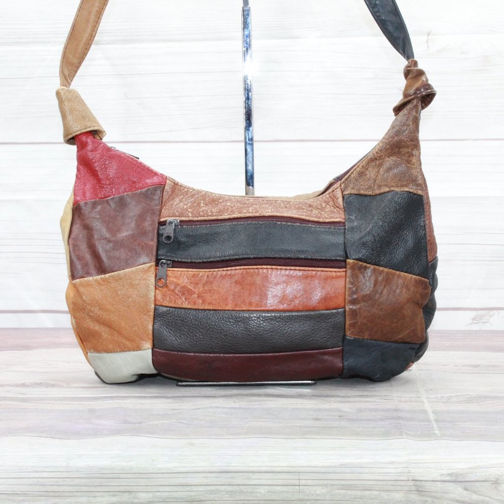 *Womens Multicolor Patchwork Leather Zip Top Hobo Purse Handbag Shoulder Bag - Picture 2 of 8